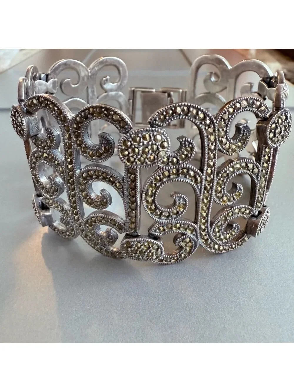 HUGE Masterpiece Marcasite Scroll Panel Sterling Silver Bracelet Signed Vintage